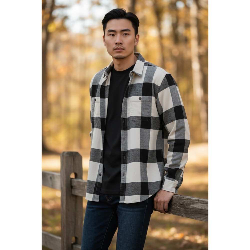 American Eagle Heritage Flannel Shirt Mens Large Black Cream Buffalo Plaid L/G
